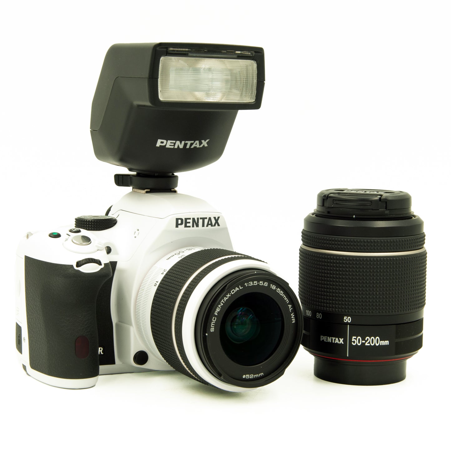 Pentax K50 16.3MP White DSLR with 18-55mm and 50-200mm Lenses, Flash Kit