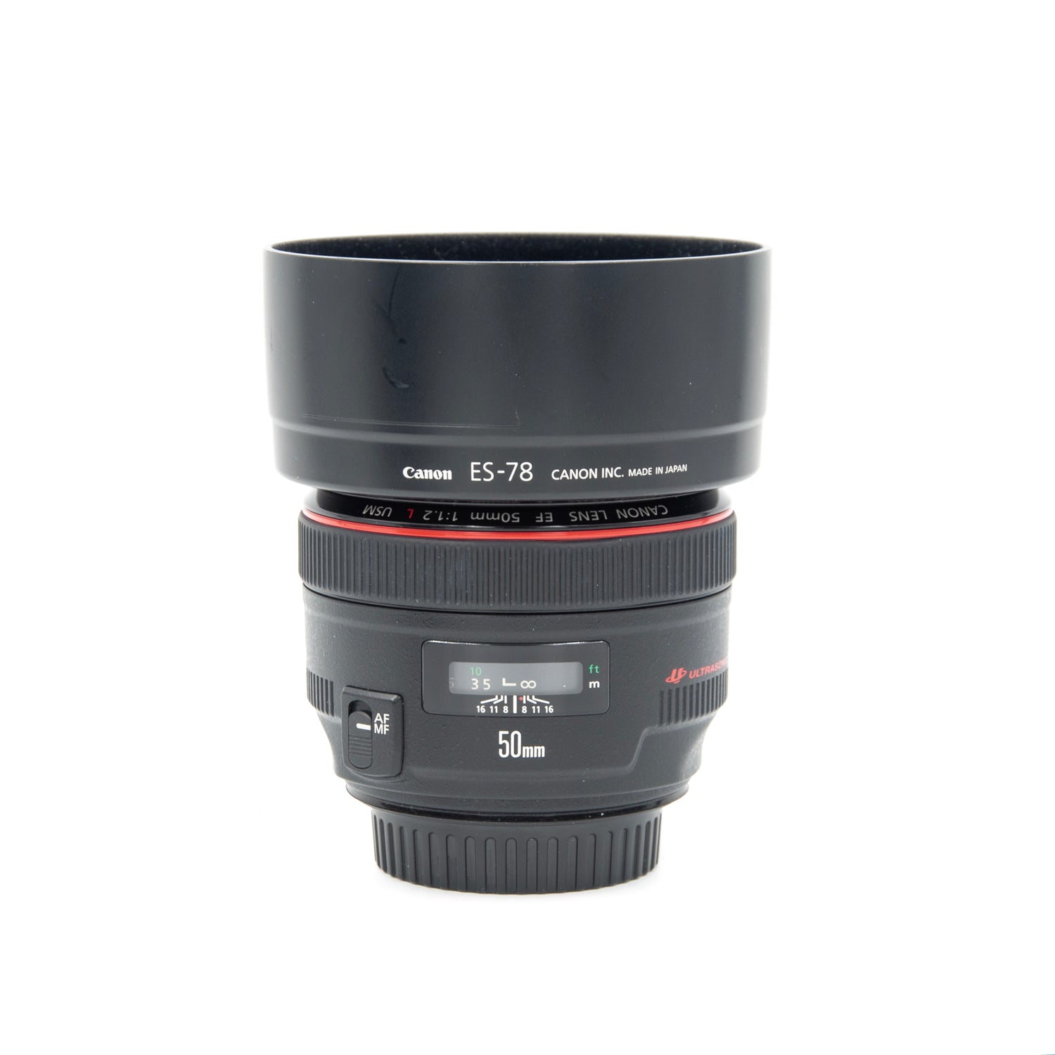 Canon EF 50mm f1.2 Lens viewed from the front.