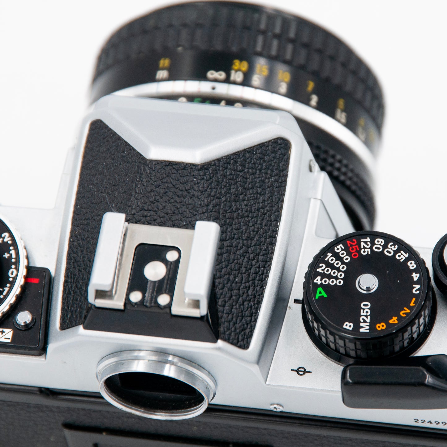 Nikon FE2 viewed from above, showing shutter speed dial.